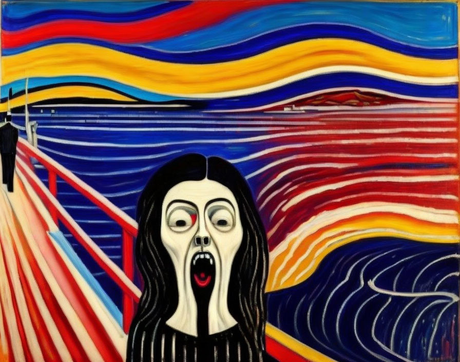 Colorful graffiti artwork of a figure with open mouth, inspired by "The Scream.