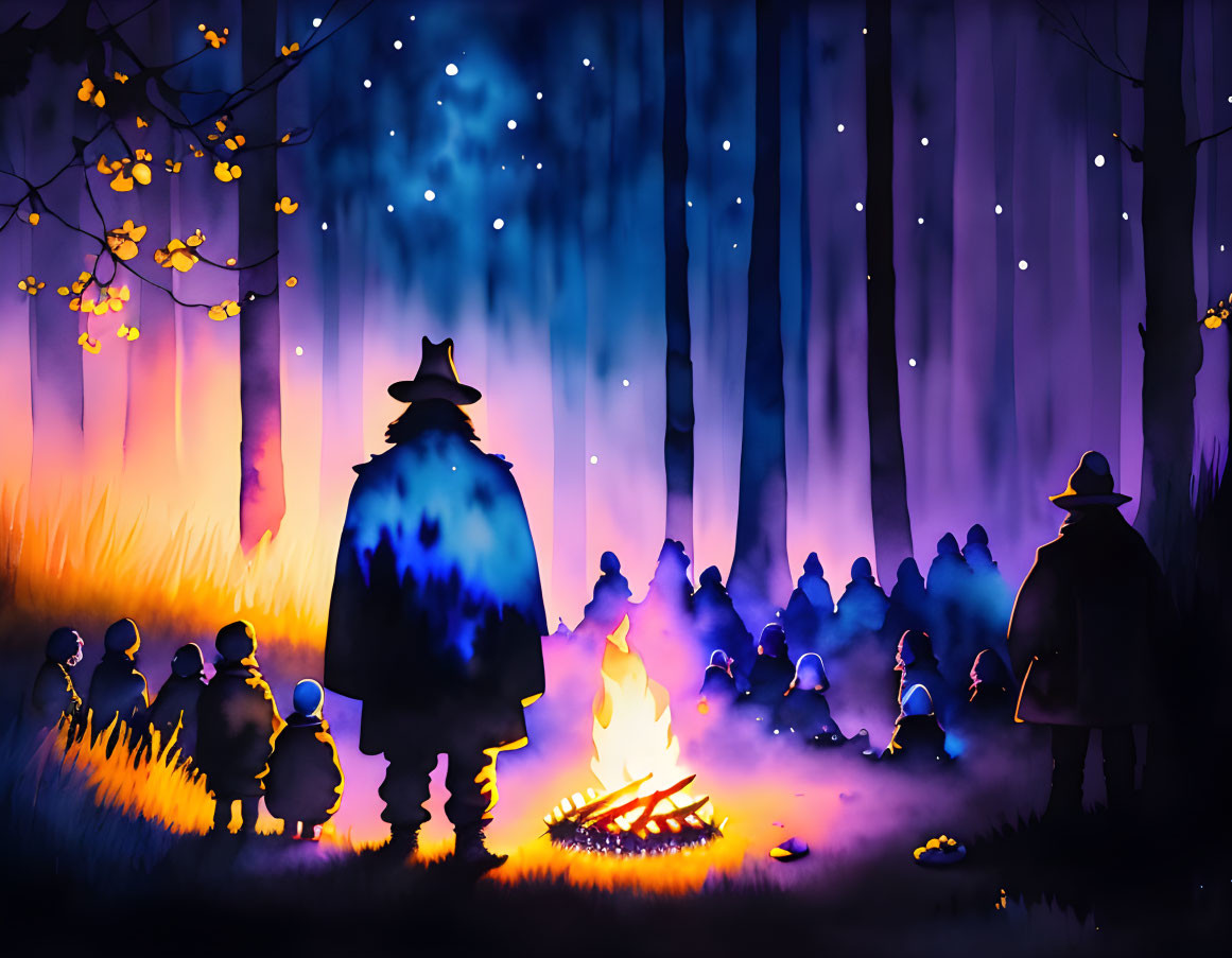 Colorful Silhouette Artwork: Two Figures, Crowd, Campfire in Mystical Forest