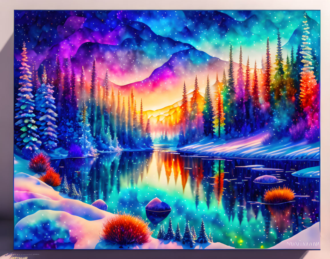 Colorful Winter Landscape: Starry Night Sky, Snow-Covered Forest, Reflective River