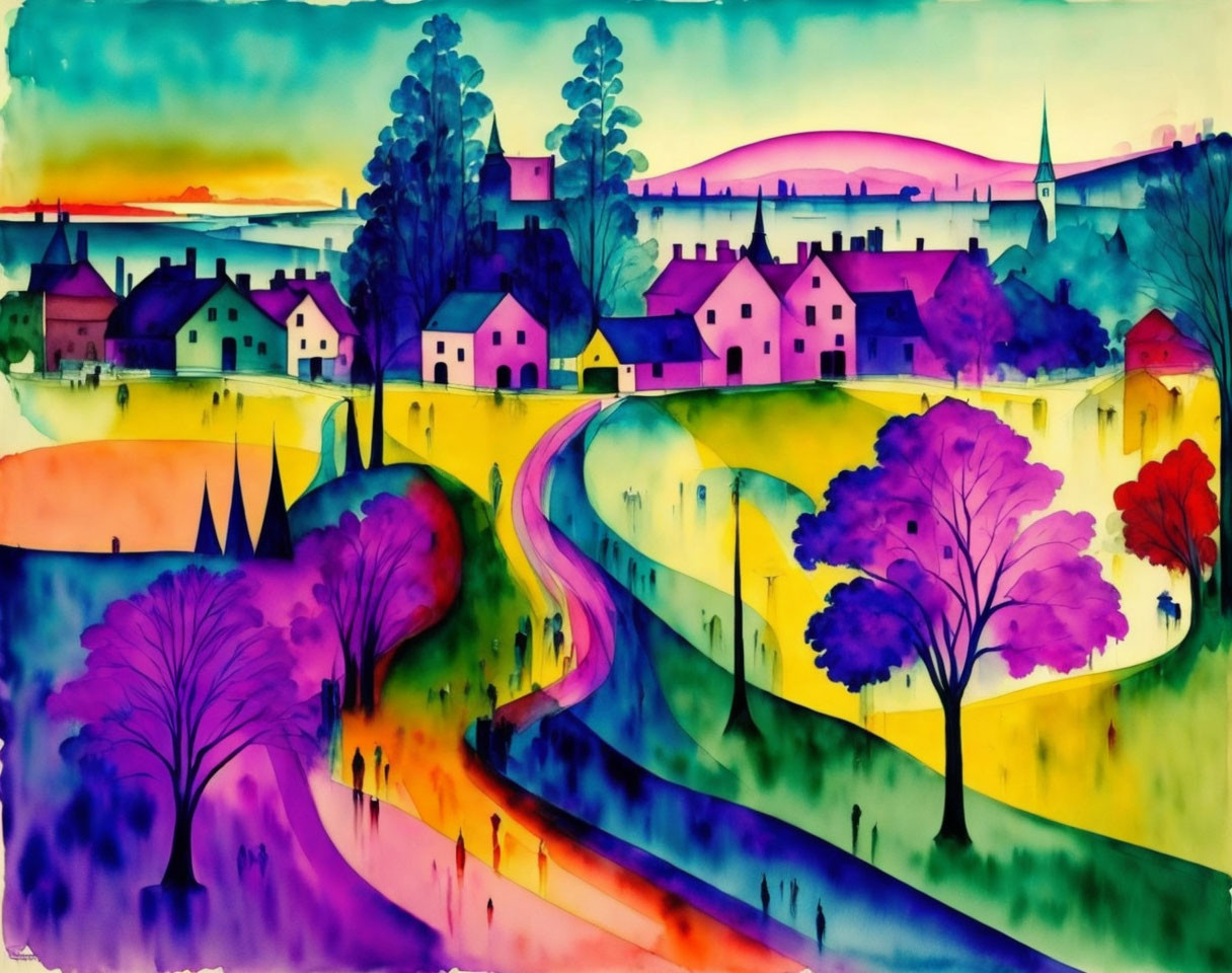 Colorful Abstract Landscape Painting with Road, Trees, Houses, and Church