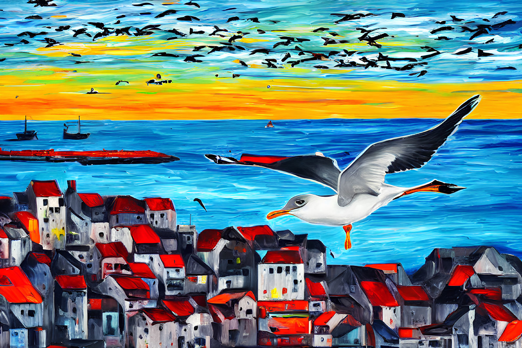 Colorful seaside town painting at sunset with flying seagull and boats in water