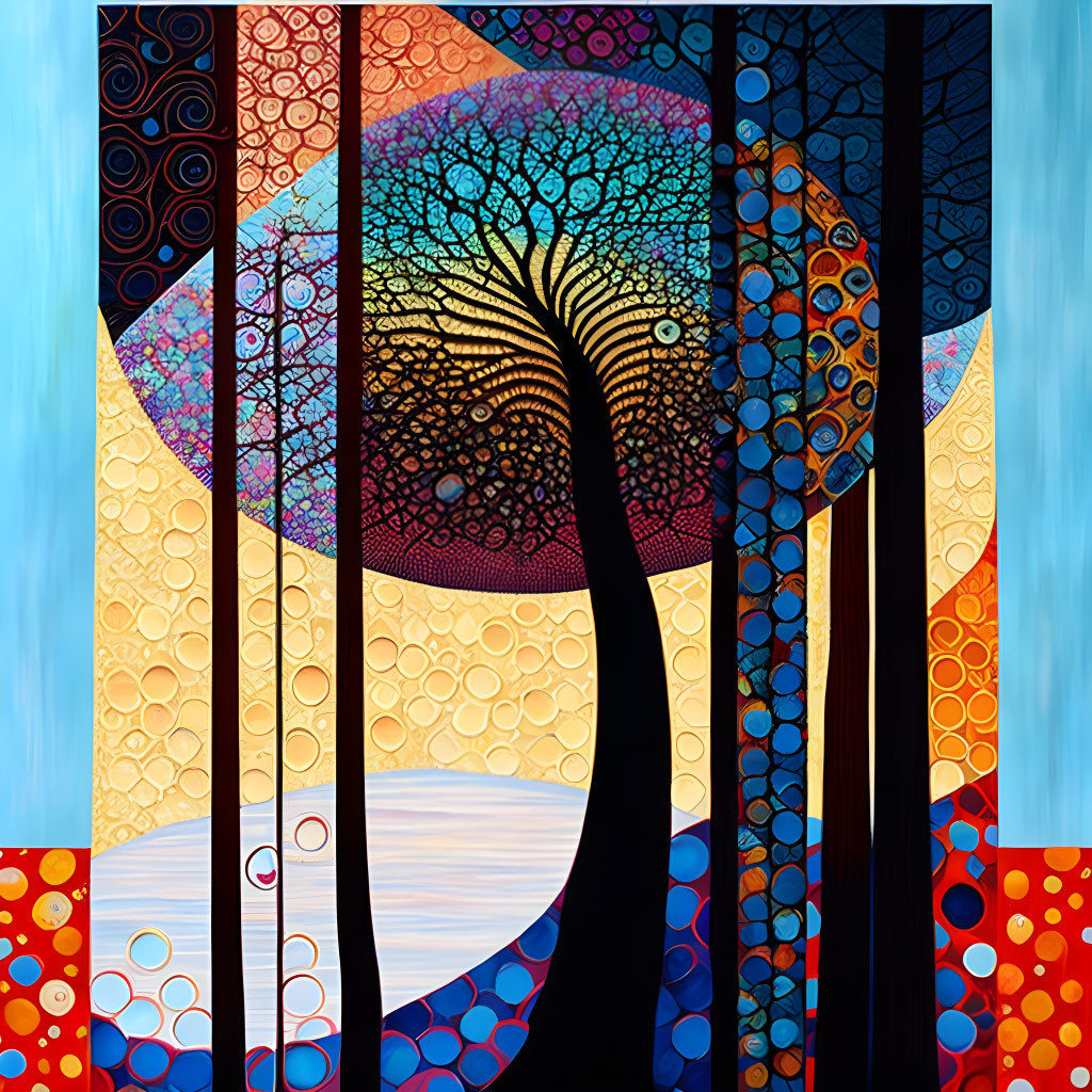 Colorful abstract art: stylized tree with circular canopy on geometric backdrop.