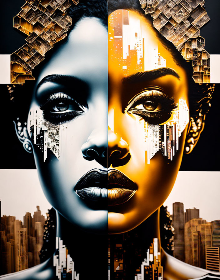 Split portrait of a woman: greyscale & color, cityscape elements, futuristic golden accents.