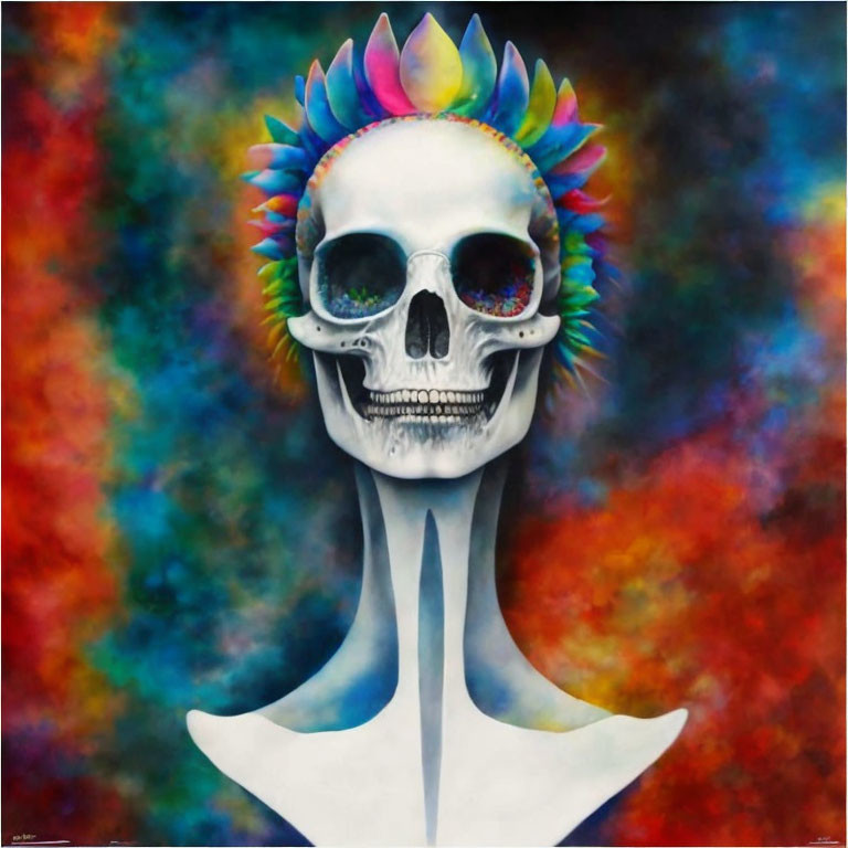 Colorful Skull with Headdress on Vibrant Background: Psychedelic Art