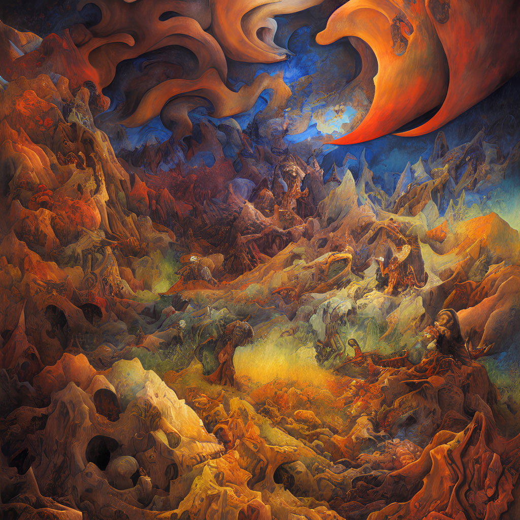 Surreal landscape painting: swirling orange skies, vibrant rock formations