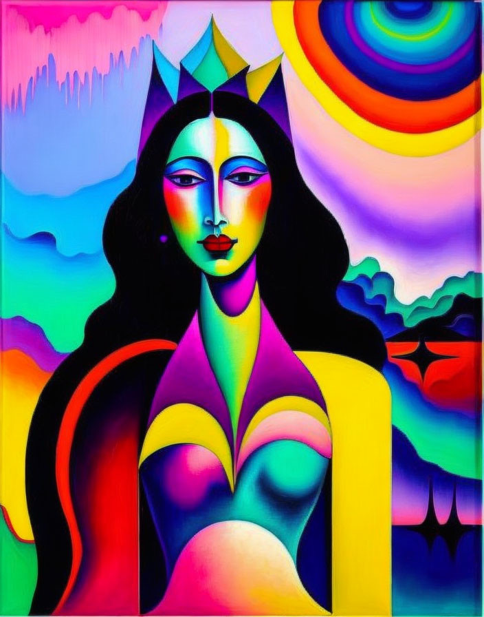 Colorful Abstract Portrait of Female Figure with Geometric Patterns