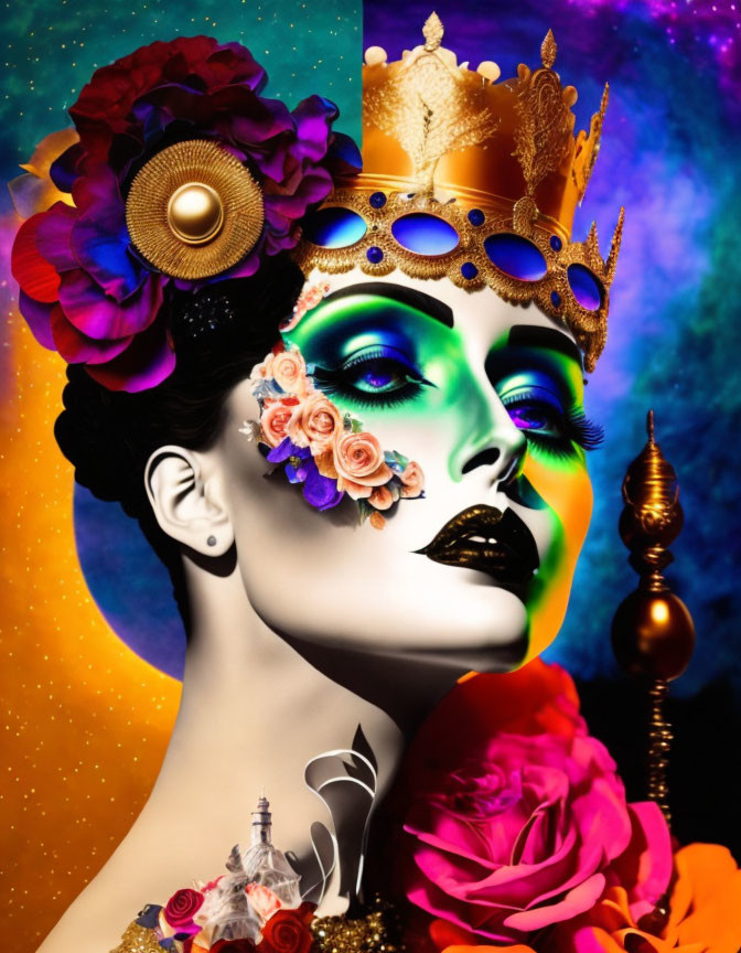 Colorful portrait of person with green skin, golden crown, flowers, makeup, cosmic background, red