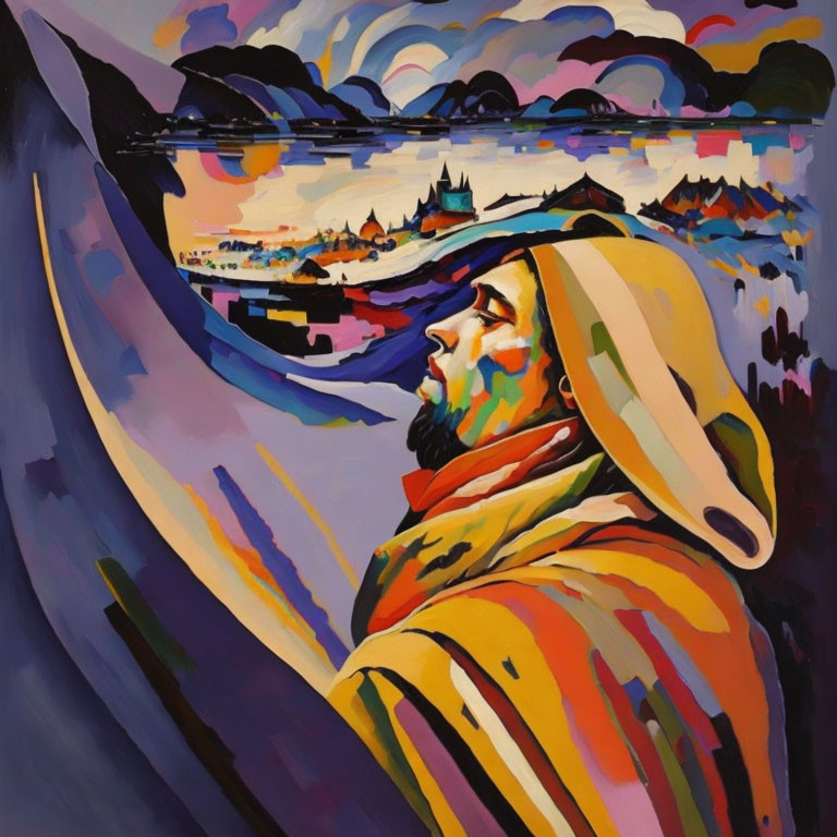 Colorful portrait of a bearded man in turban and scarf, looking at vibrant cityscape.