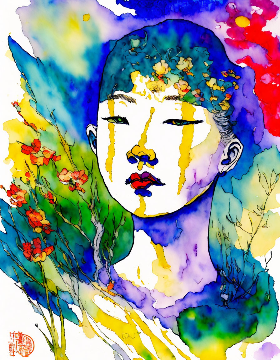 Vibrant abstract painting with person, flowers, and watercolor backdrop