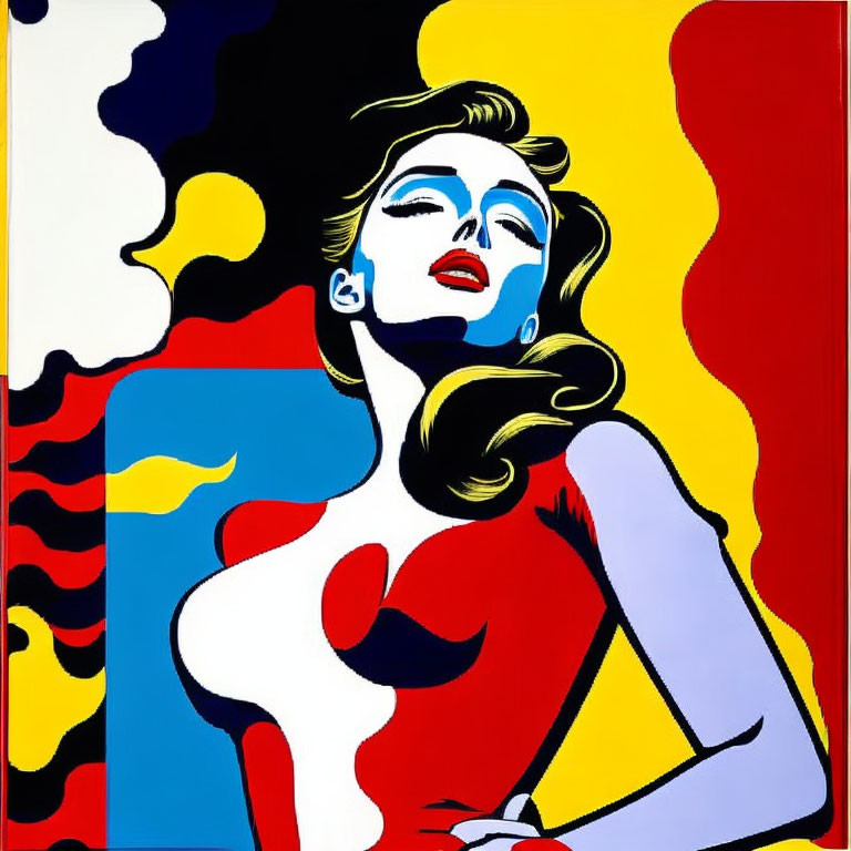 Colorful Pop Art Portrait of Woman in Red Dress