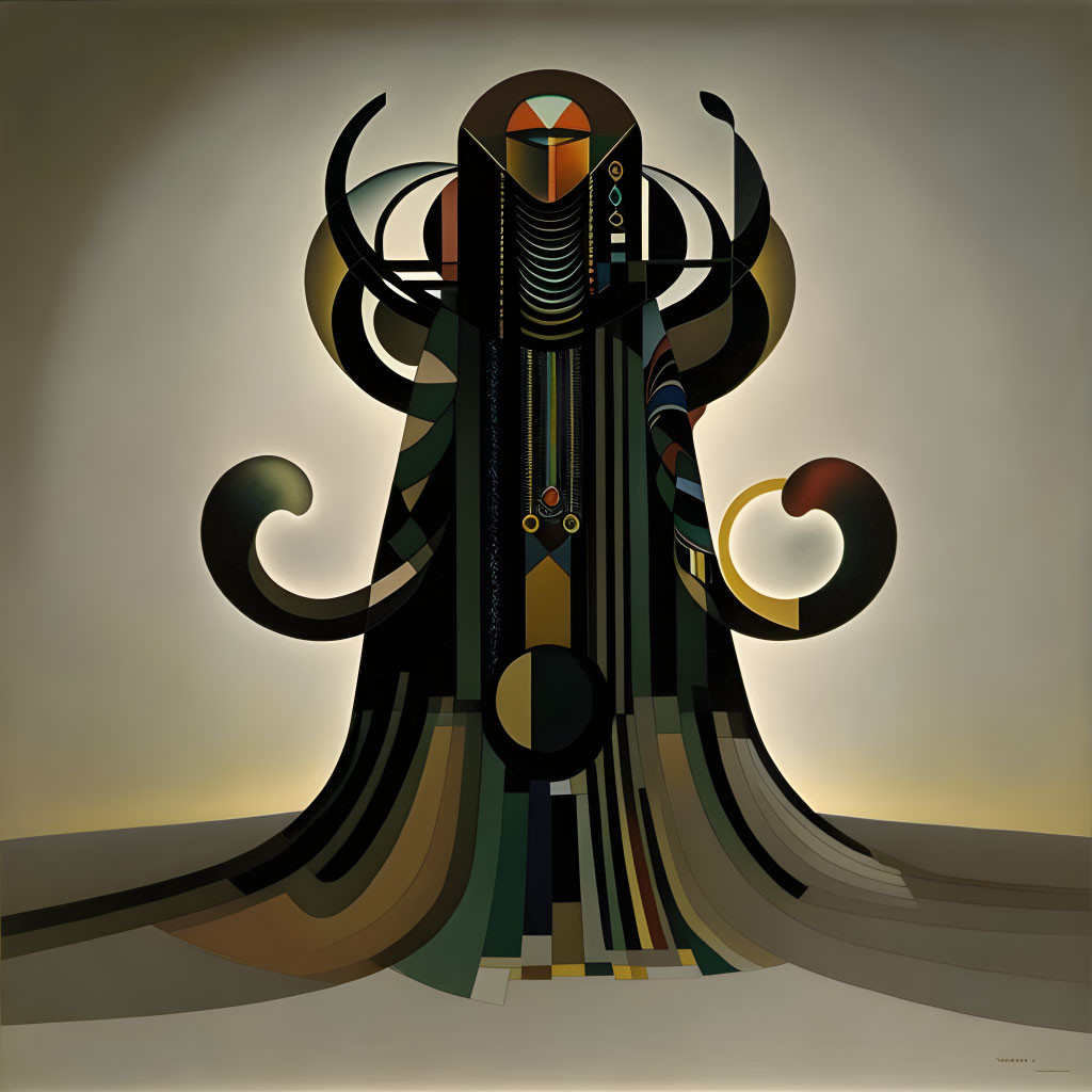 Symmetrical abstract painting of humanoid figure with curved horns