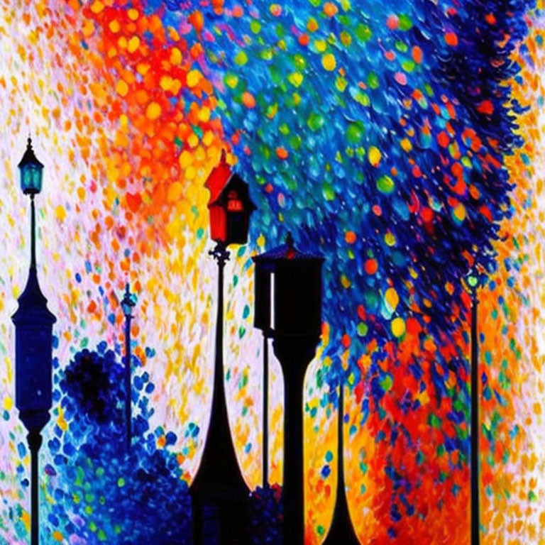 Colorful Impressionistic Painting of Night Sky with Streetlamps