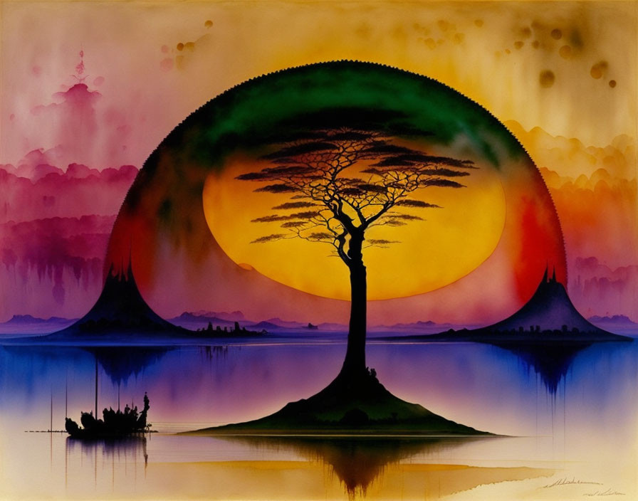 Colorful painting of tree silhouette against setting sun, water reflections, mountains, and vibrant sky.