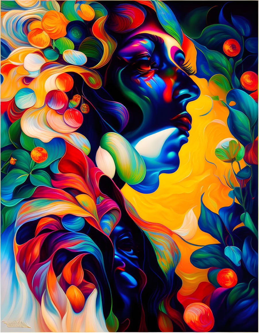 Colorful surreal portrait of a woman with floral elements and multiple faces.