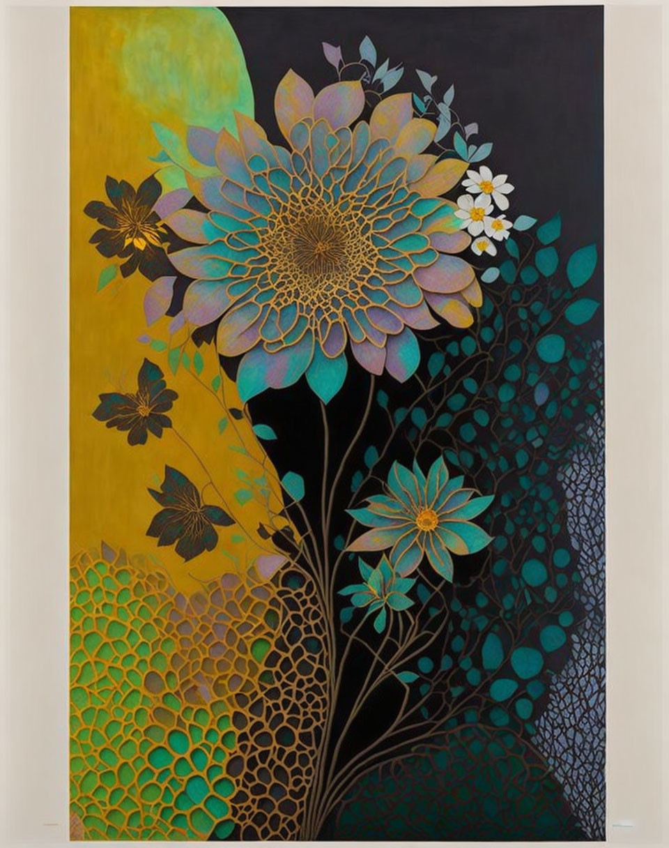 Botanical artwork with gold and turquoise motifs on dark background