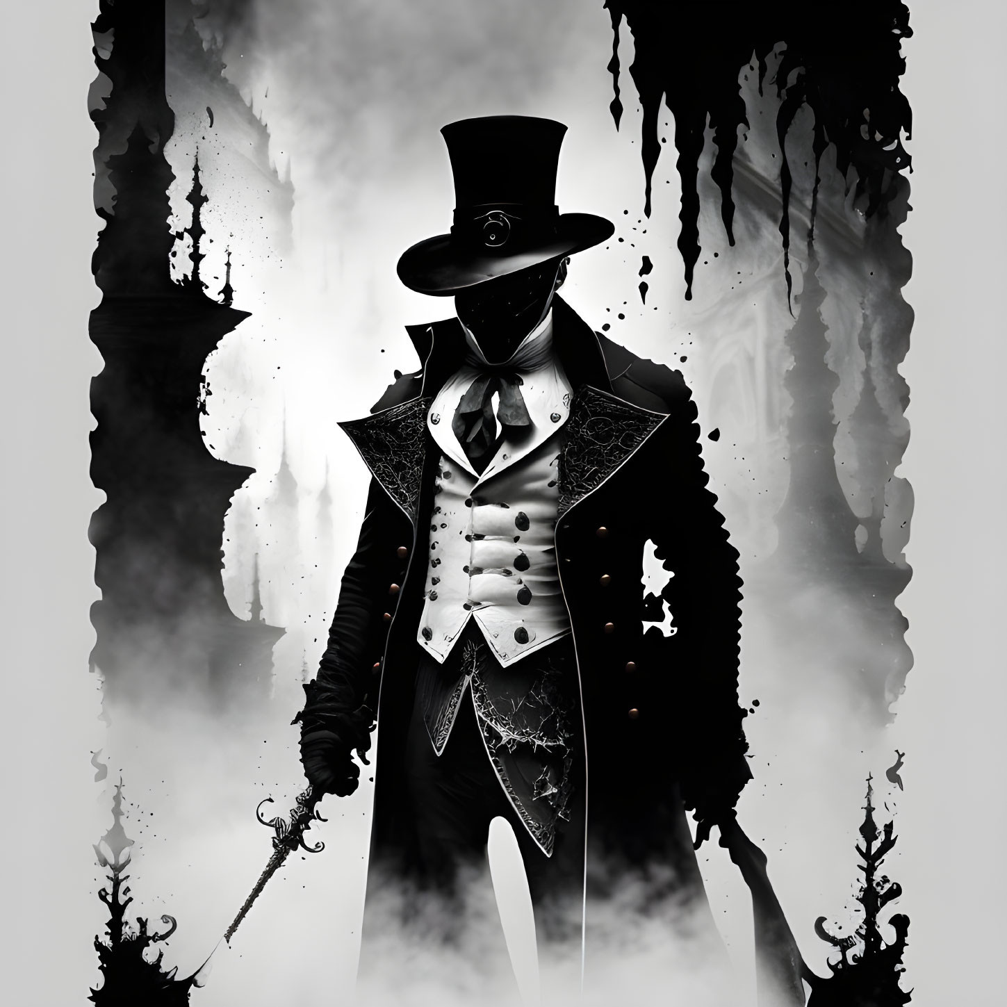 Monochromatic Victorian figure with top hat in smoky background