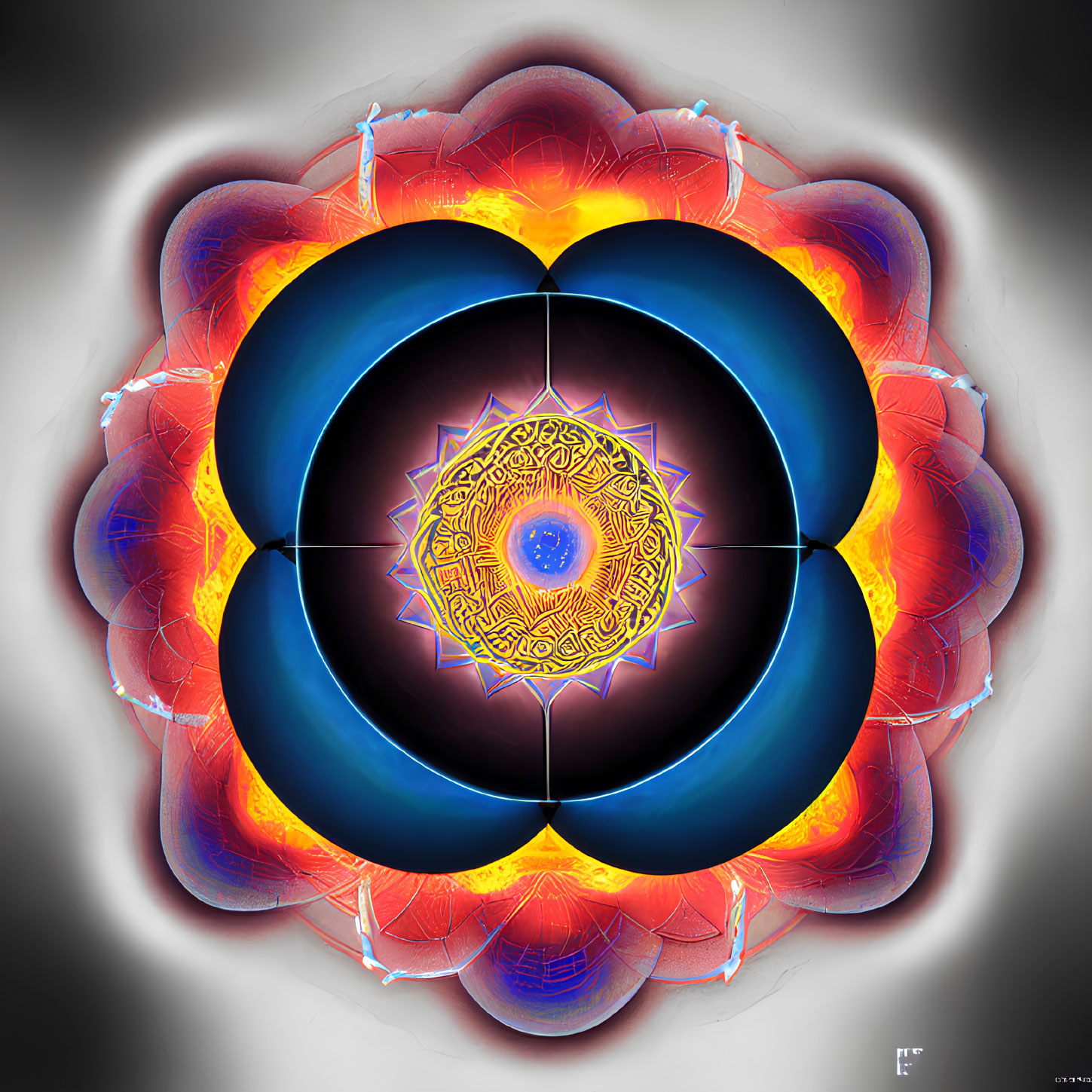 Symmetrical digital artwork with red, gold, and blue shades around a dark circular core