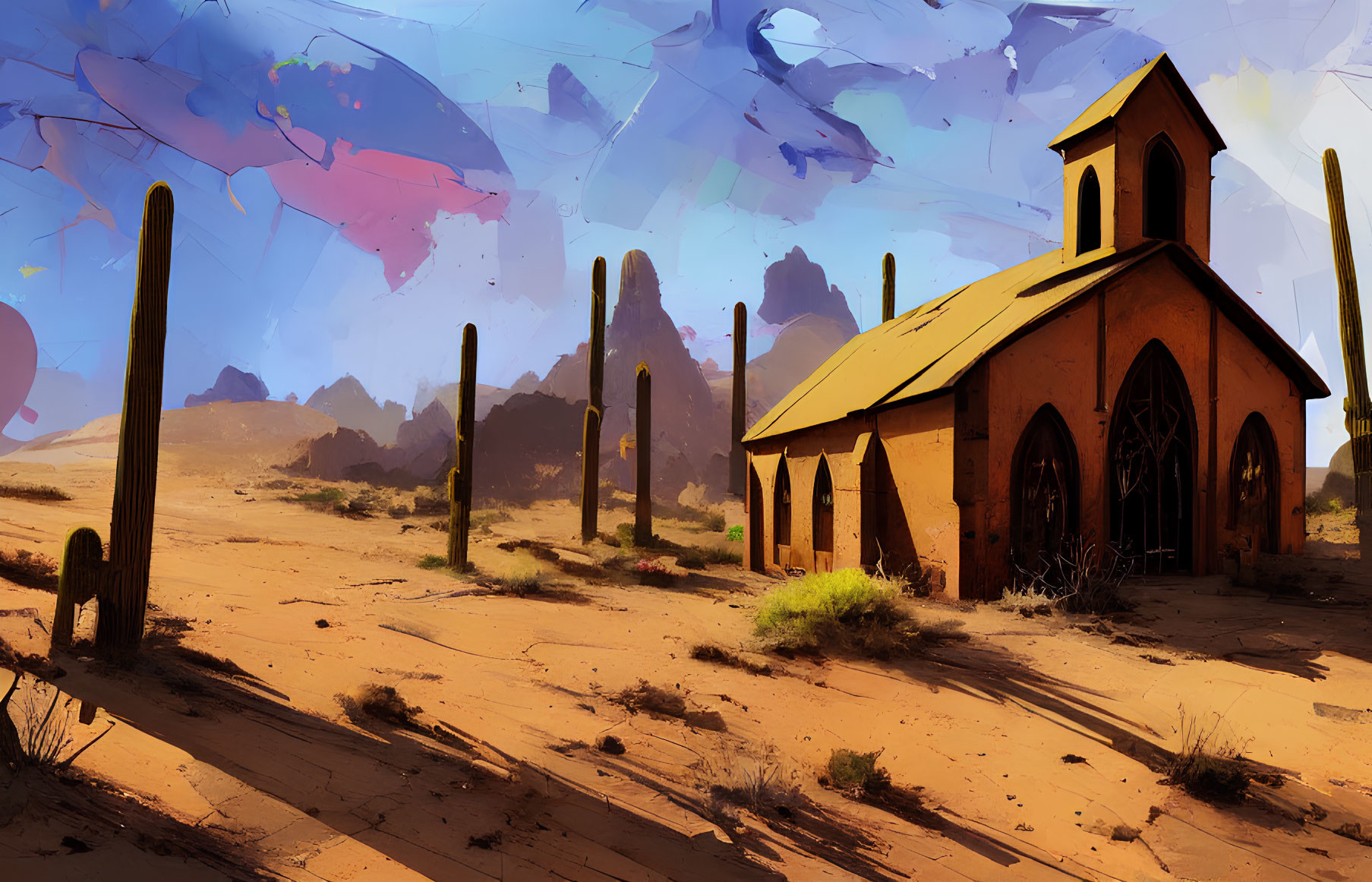 Detailed illustration: Small church, cacti, desert landscape, rocky formations