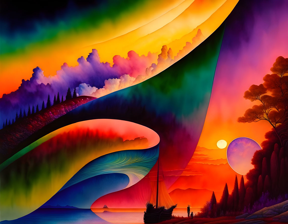 Surreal landscape with swirling skies, sailing boat, and silhouetted figures