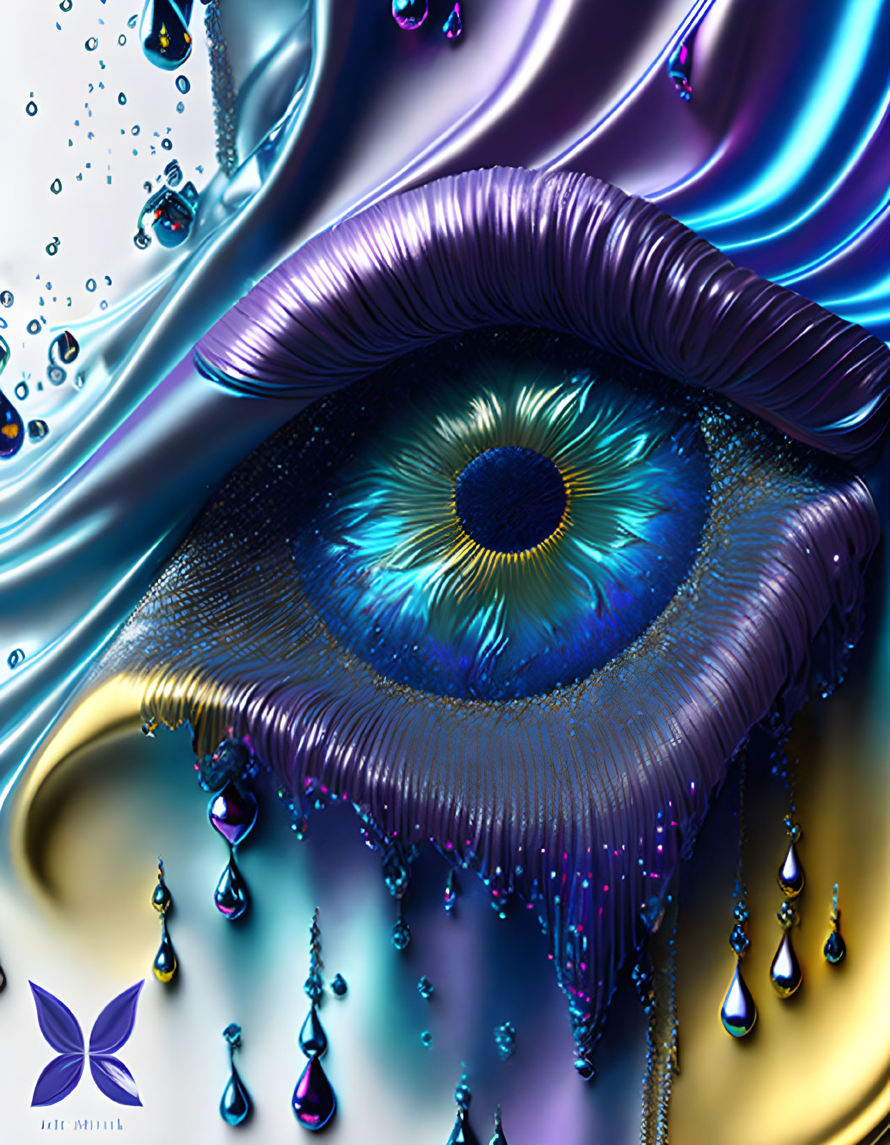 Colorful Stylized Eye Artwork with Blue Iris & Abstract Shapes