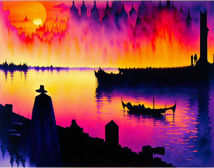 Figure silhouette at vibrant sunset over water with boats and cityscape under fiery sky