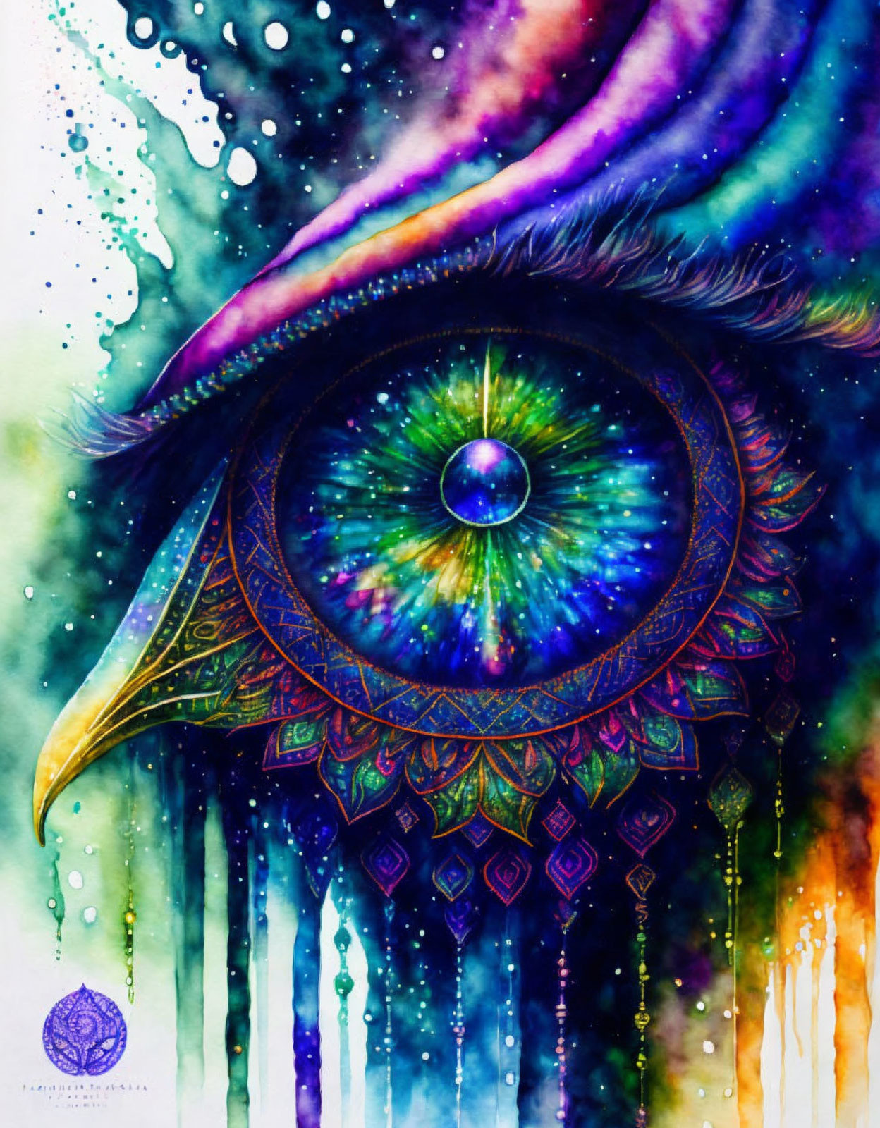 Colorful Watercolor Painting of Stylized Eye with Cosmic Background