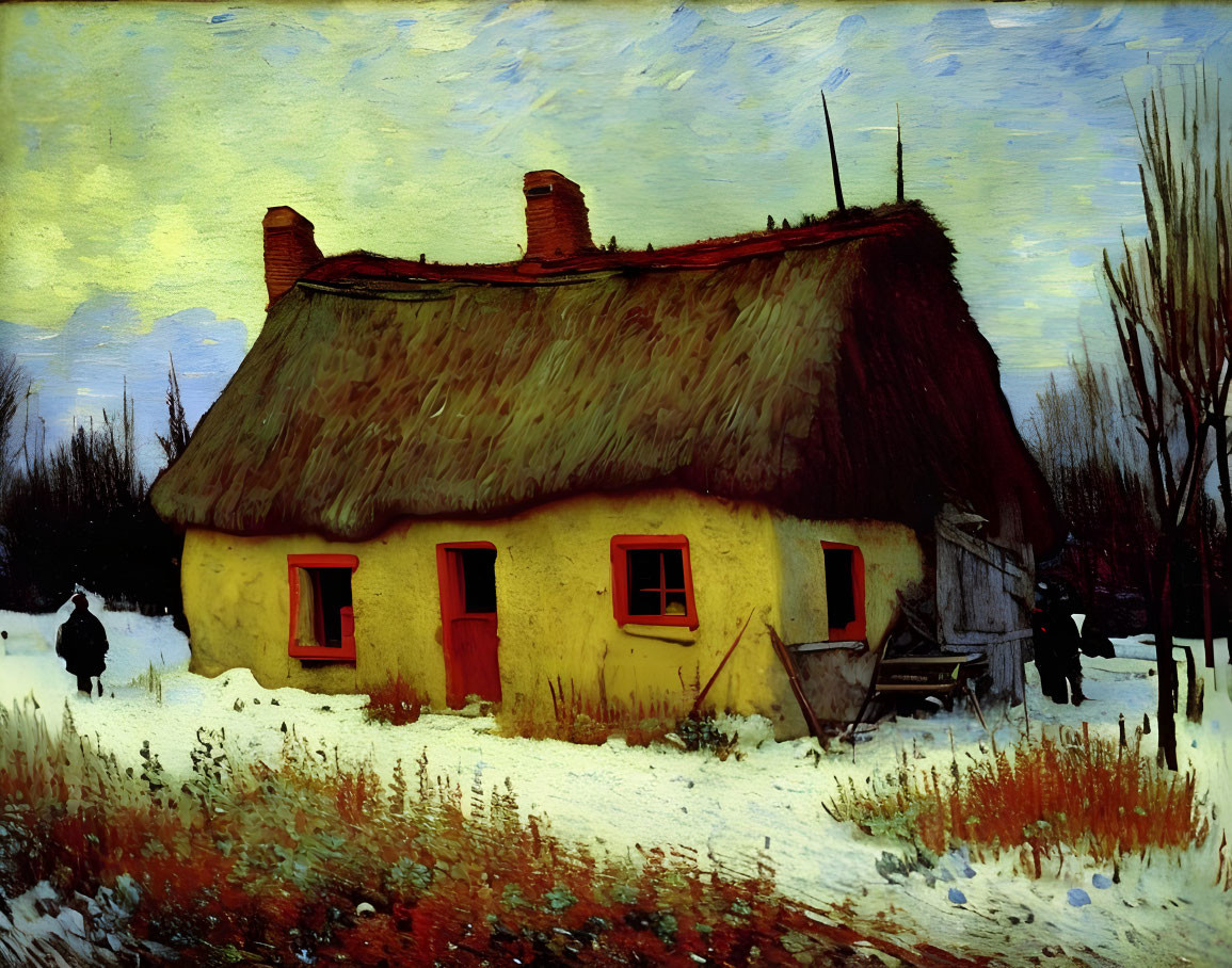 Yellow Thatched Cottage Painting in Snowy Landscape with Figure