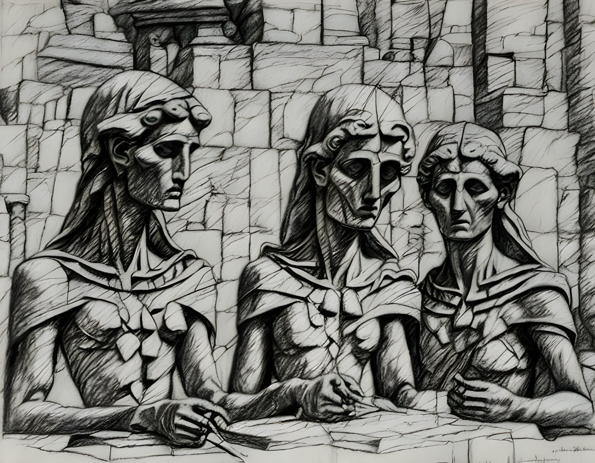 Monochrome Cubist drawing of three figures in contemplation