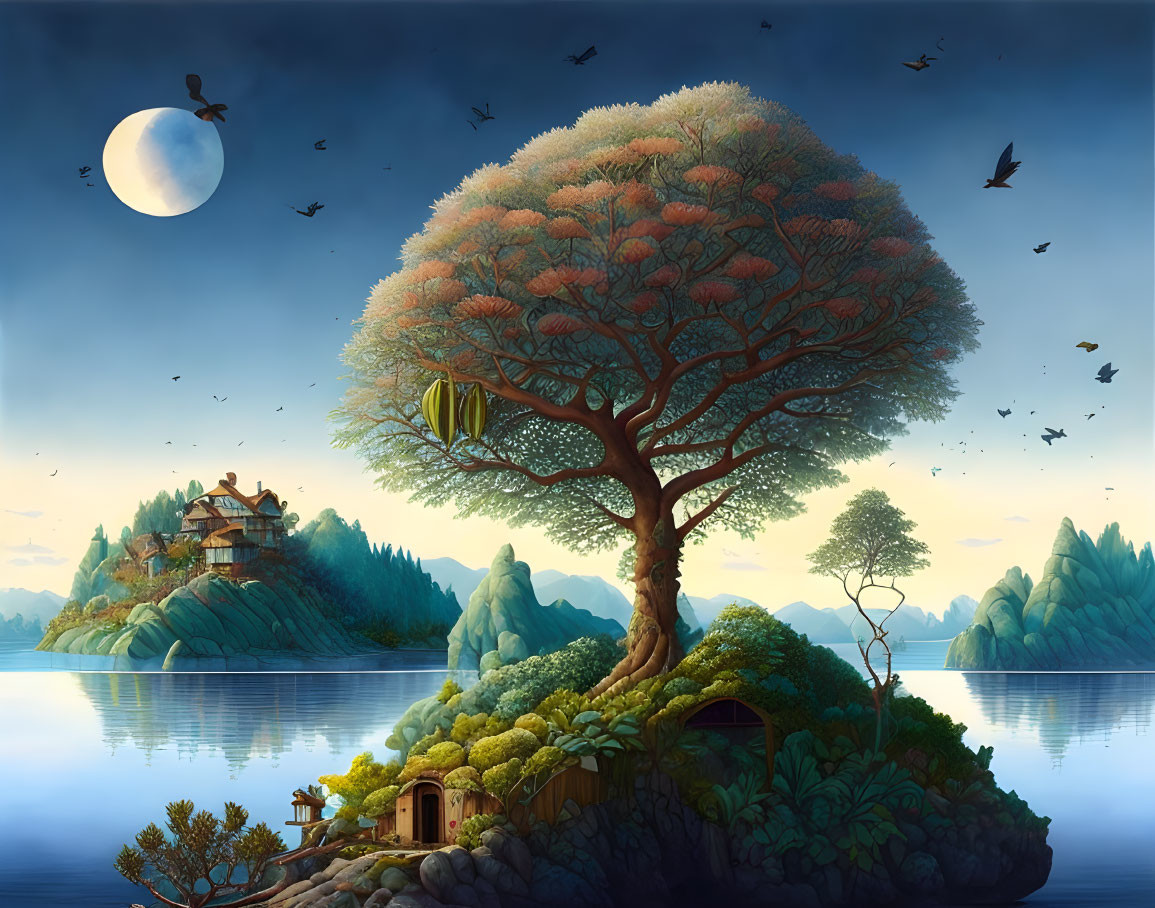 Moonlit island landscape with large tree, traditional buildings, and flying birds