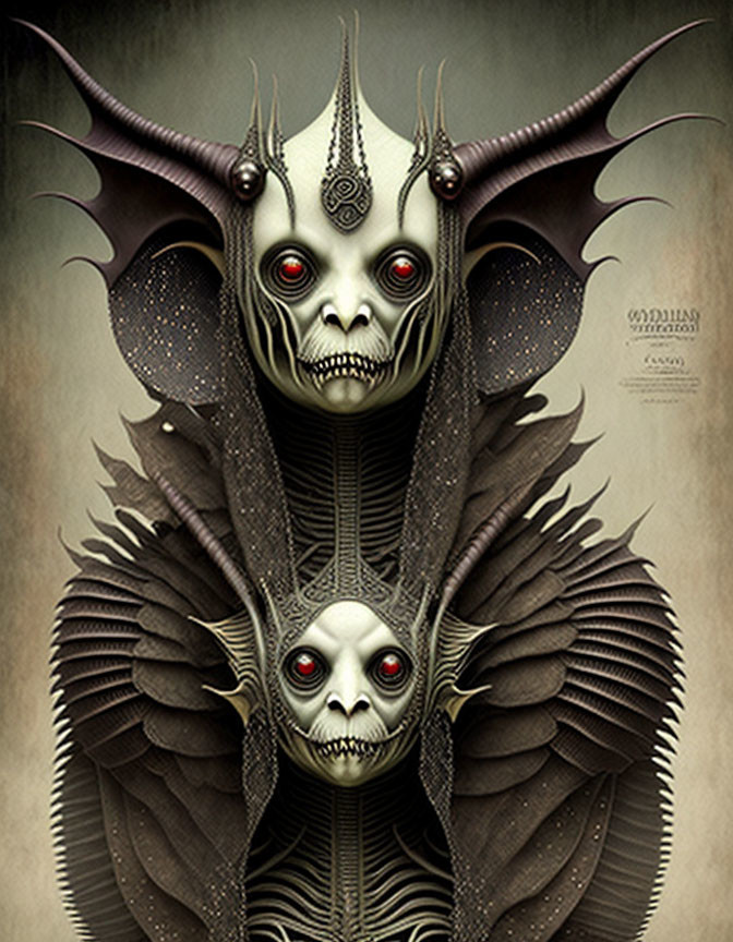 Dark eerie artwork of fantastical creature with two horned skulls, red eyes, and intricate markings.