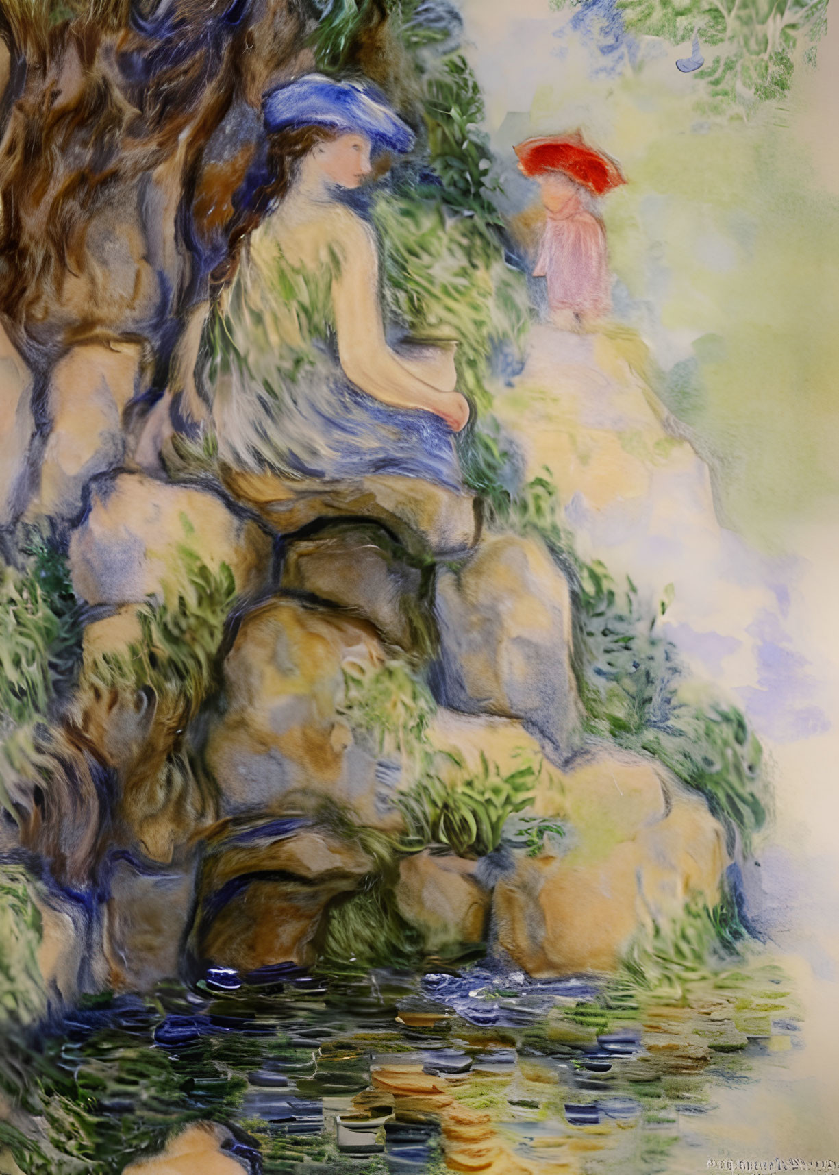 Impressionist-style painting of two figures by a rocky stream