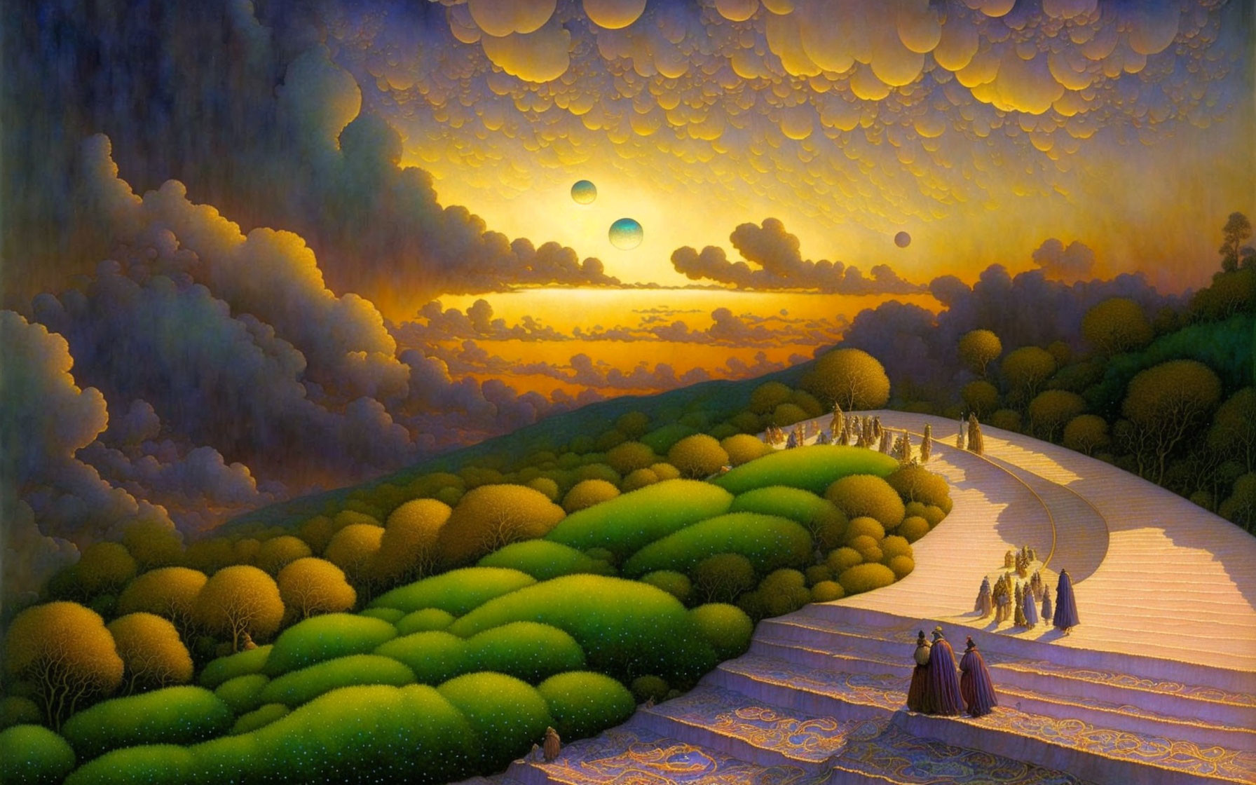 Surreal sunset landscape with mosaic path, robed figures, fluffy trees, and floating balloons