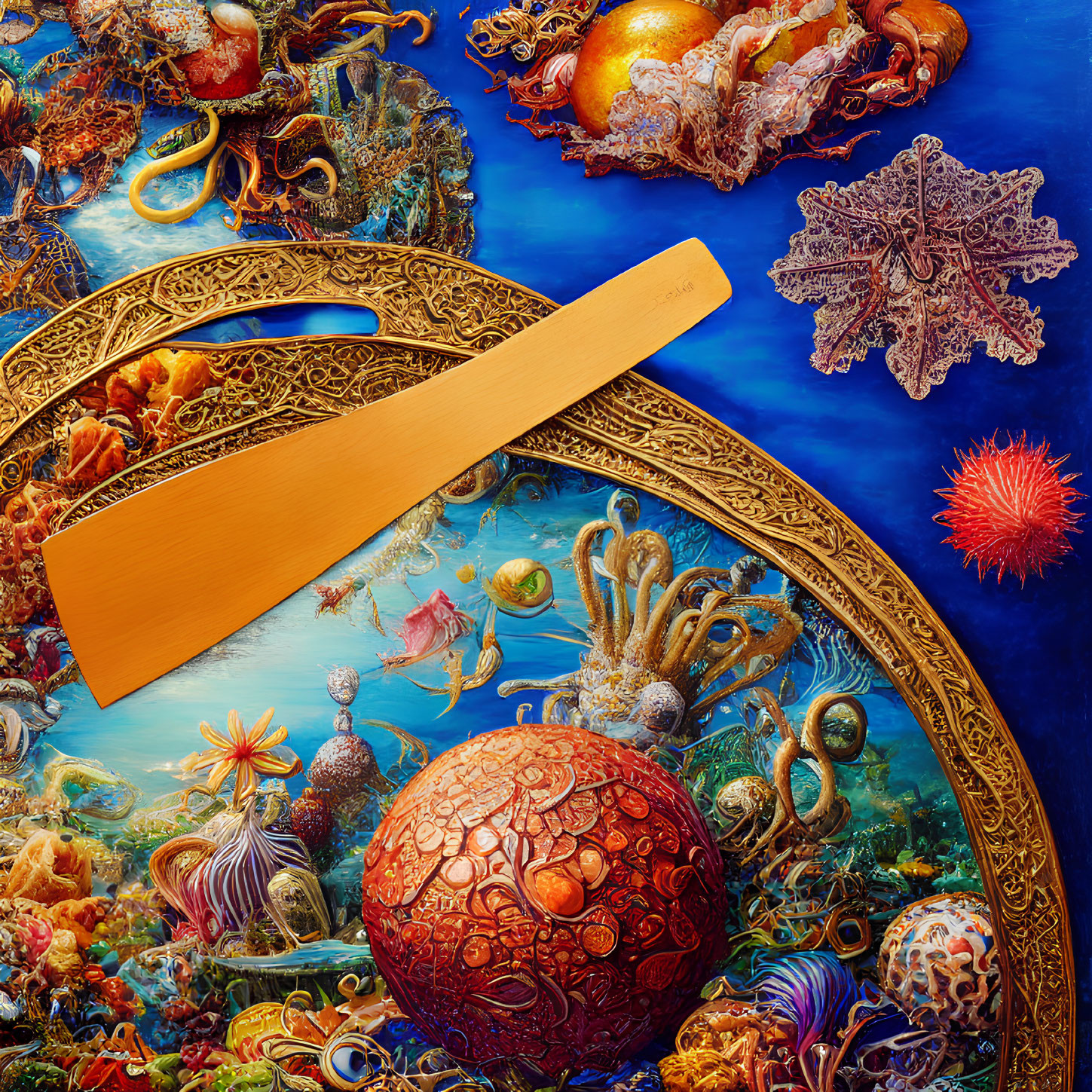 Colorful painting with golden magnifying glass, marine life, and red sphere.