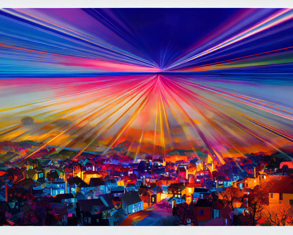 Colorful Sunset Digital Artwork with Dynamic Light Rays and Stylized Town