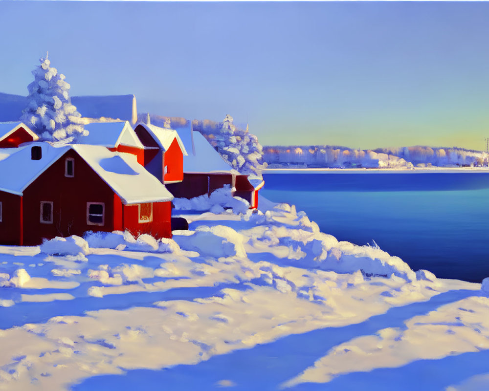 Snow-covered red wooden buildings by blue river under clear sky