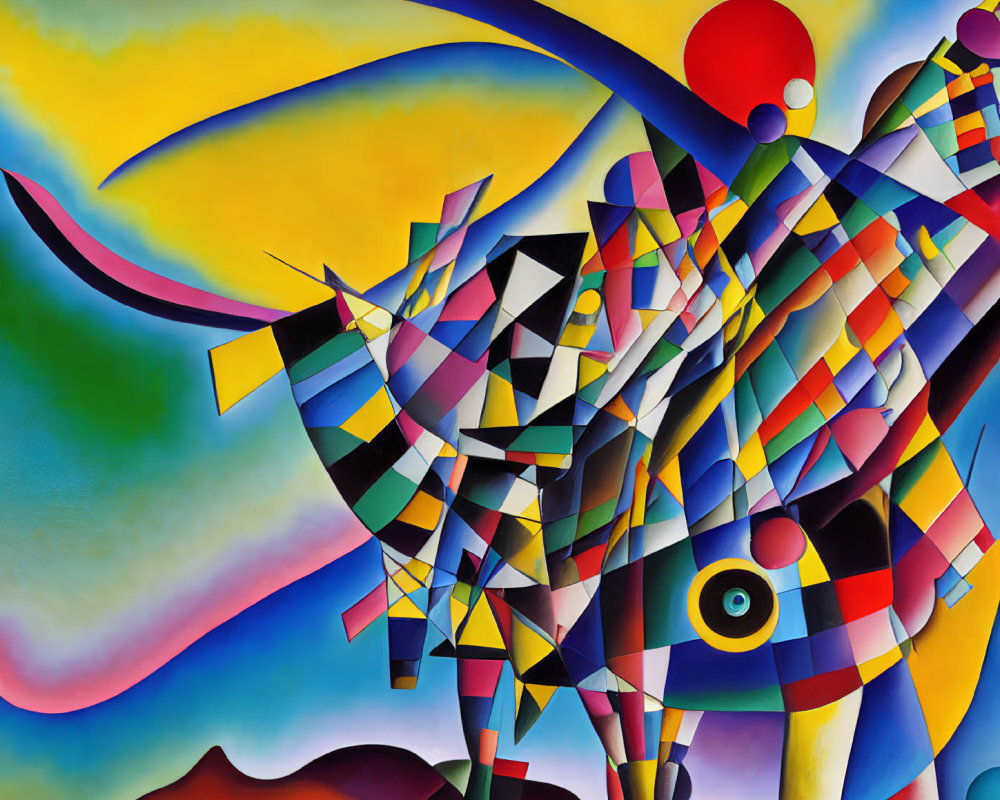 Vibrant geometric shapes in colorful abstract painting of stylized bull