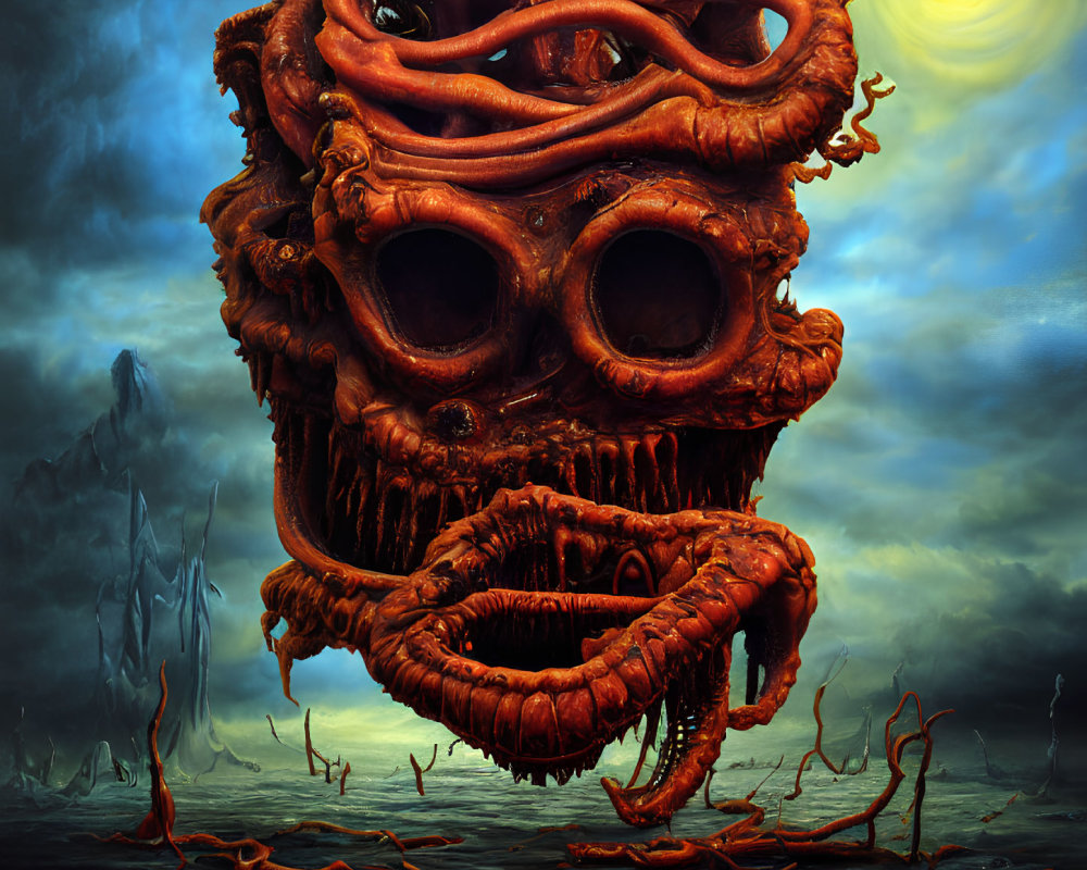 Nightmarish surreal landscape with monstrous face and tentacles under stormy sky