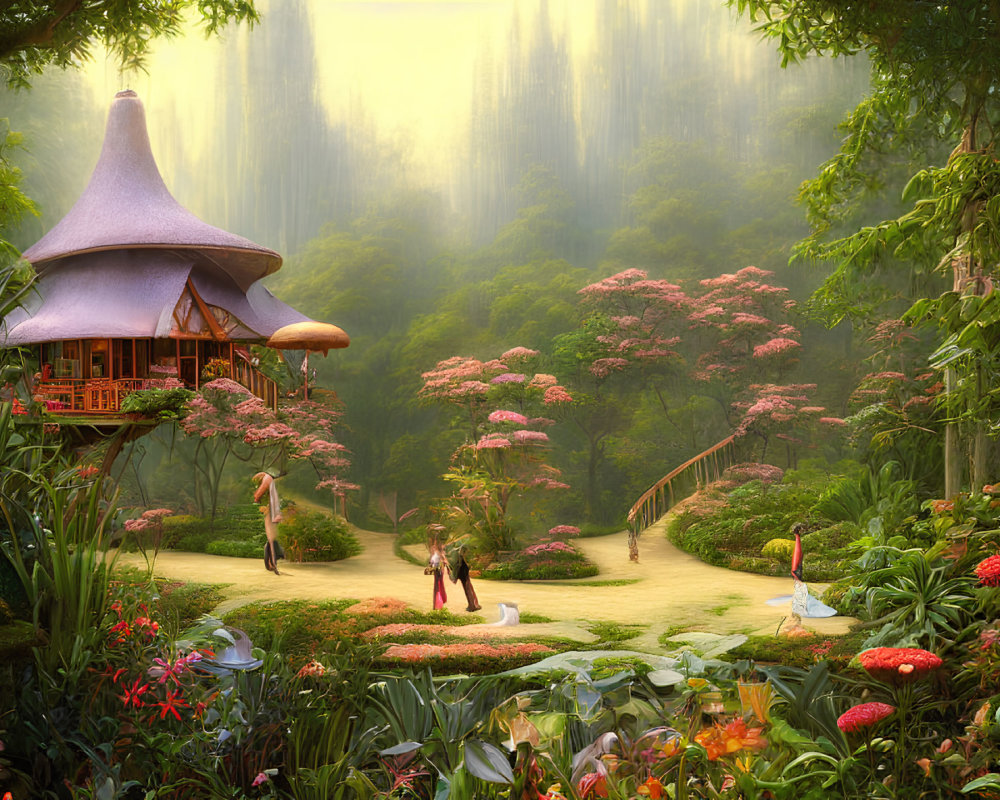 Enchanted forest scene with Asian-style hut, pink trees, winding path, and colorful mushrooms