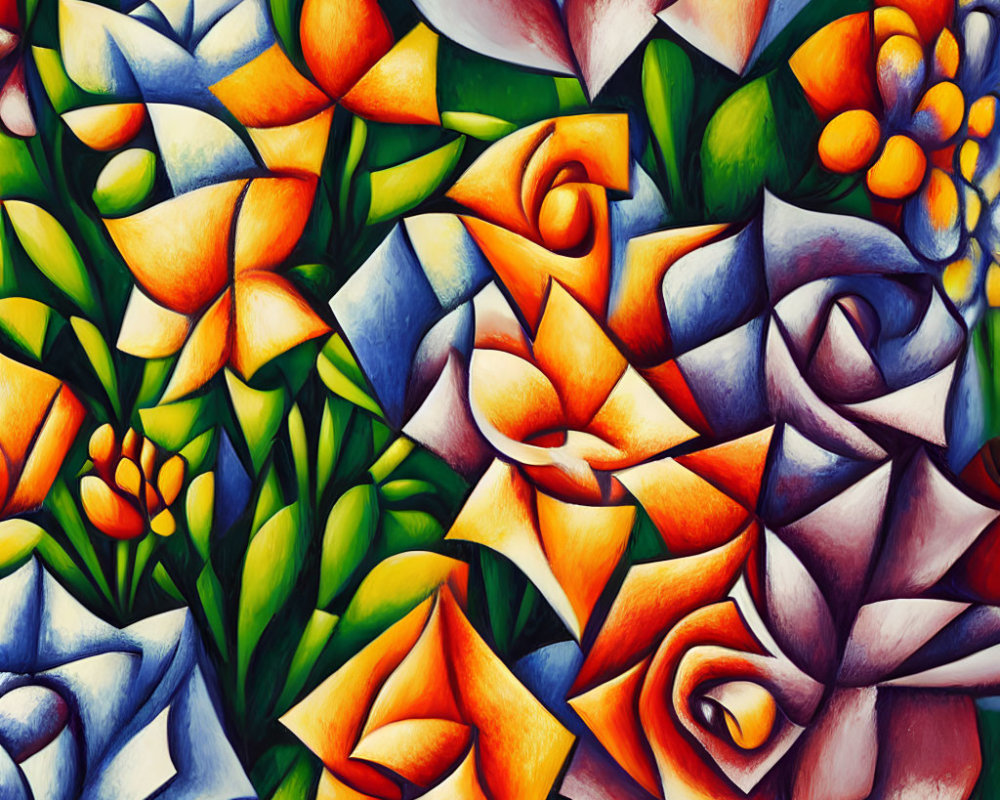 Colorful Abstract Painting with Stylized Flowers in Orange, Blue, and Green