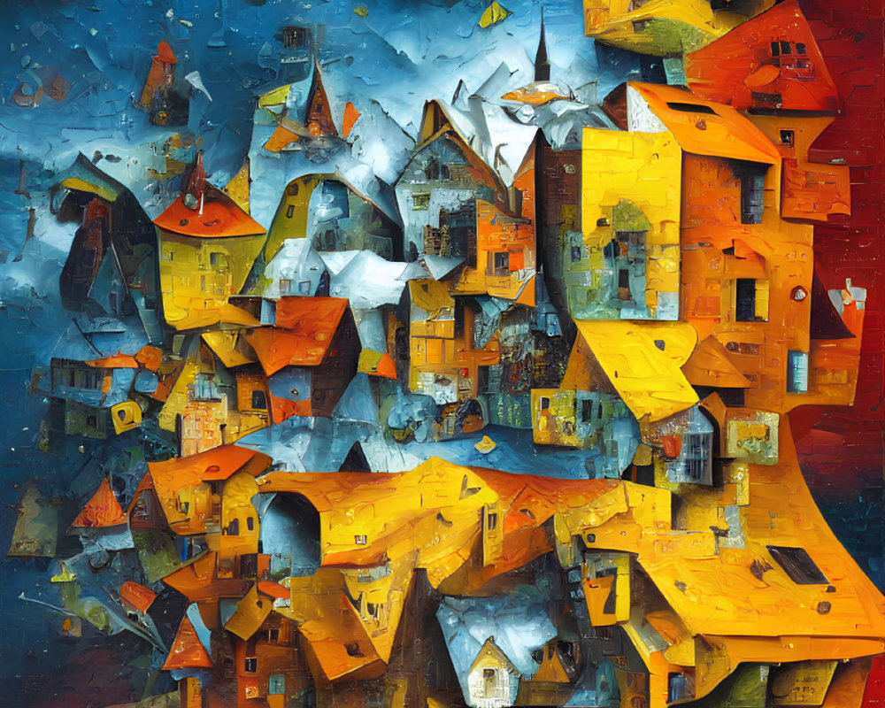 Surreal painting: Chaotic floating houses in warm hues against stormy backdrop