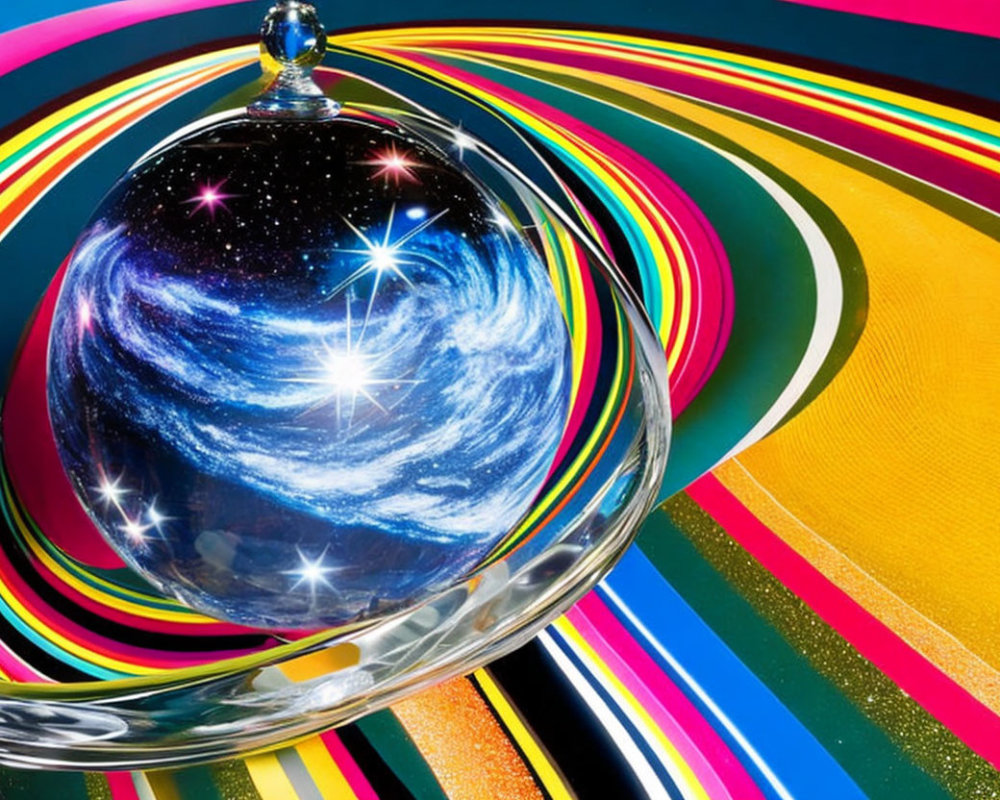 Colorful digital art: Galaxy in glass dome on striped background