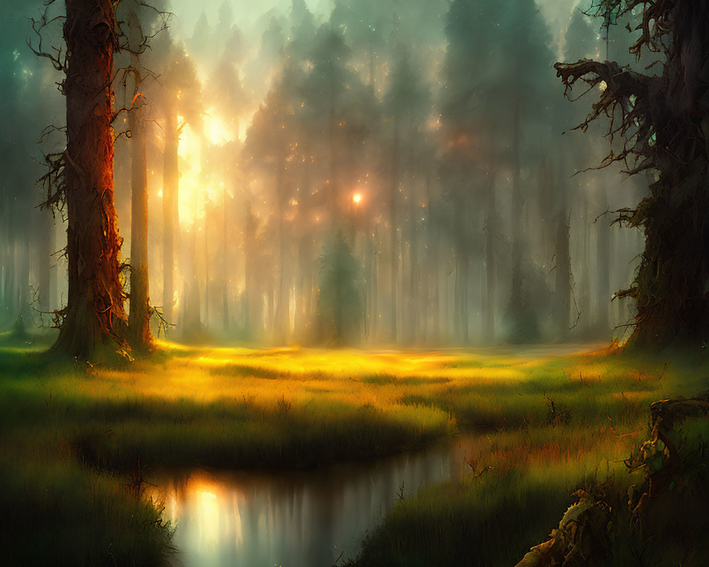 Misty enchanted forest with sunbeams, meadow, and serene stream