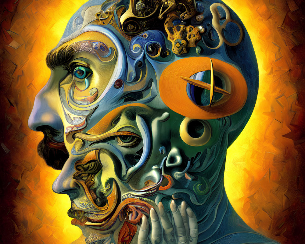 Colorful surreal artwork: Multifaceted head with mechanical elements on fiery backdrop