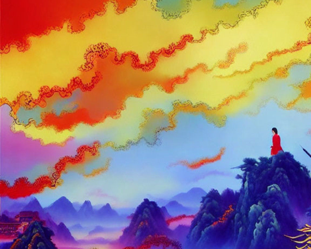 Colorful landscape painting with hills, sky, buildings, and figure