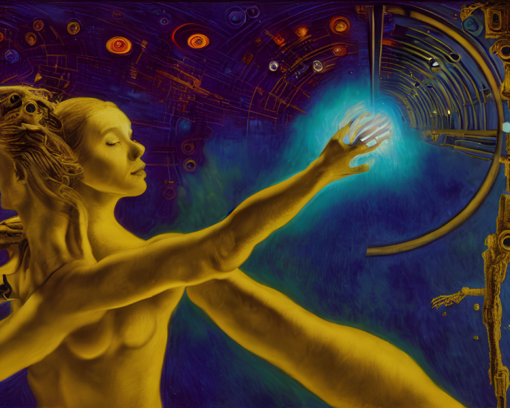 Surreal human figure reaching for luminous sphere in blue and gold palette