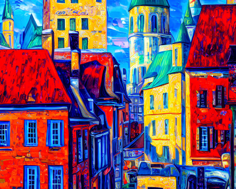 Colorful Expressionist Painting of European Street Scene