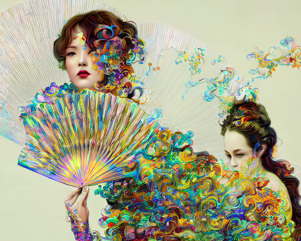 Colorful digital artwork of two women with ornate hair and clothing holding a patterned fan