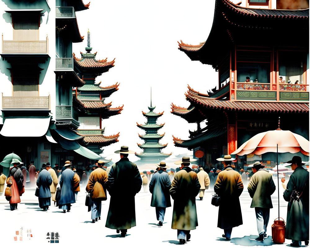 Colorful street scene with people in traditional attire near ornate pagodas