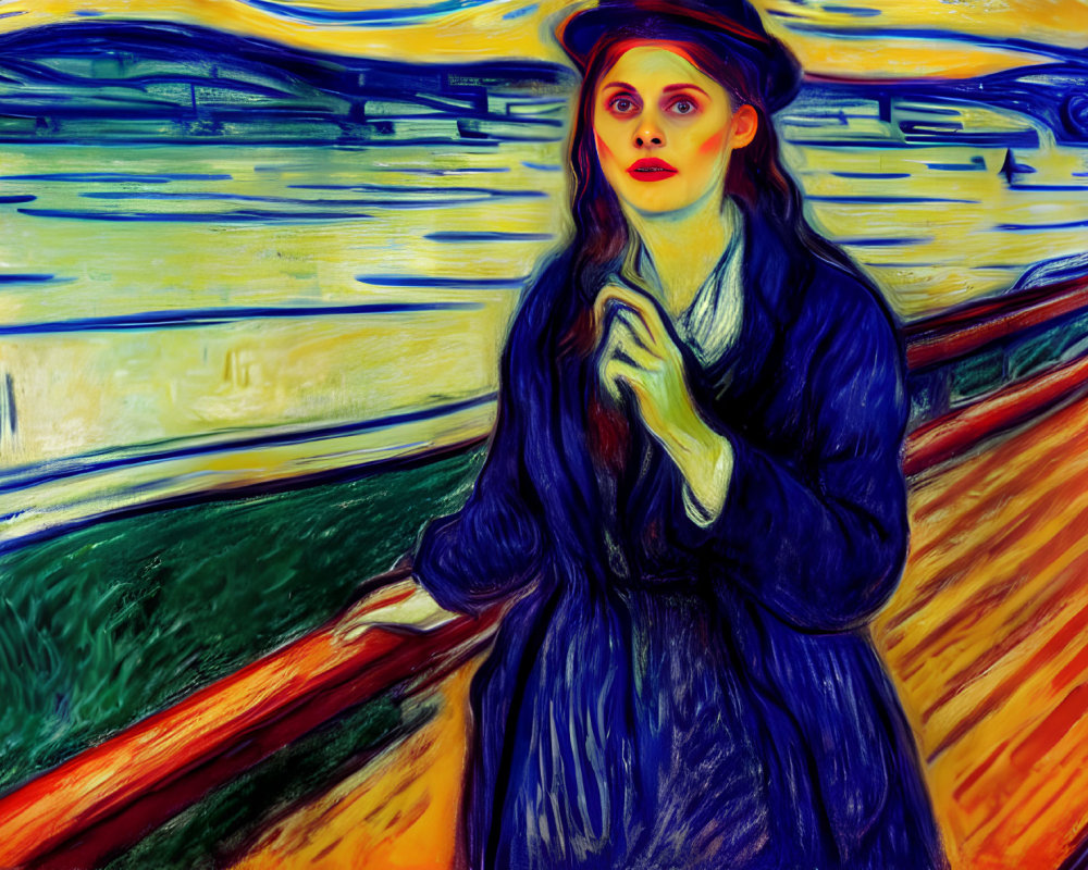 Woman in Blue Coat Standing by Rail Against Vibrant Abstract Background