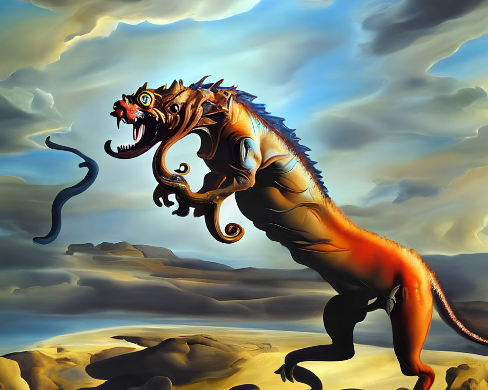 Orange creature with multiple eyes in rocky landscape under stormy sky